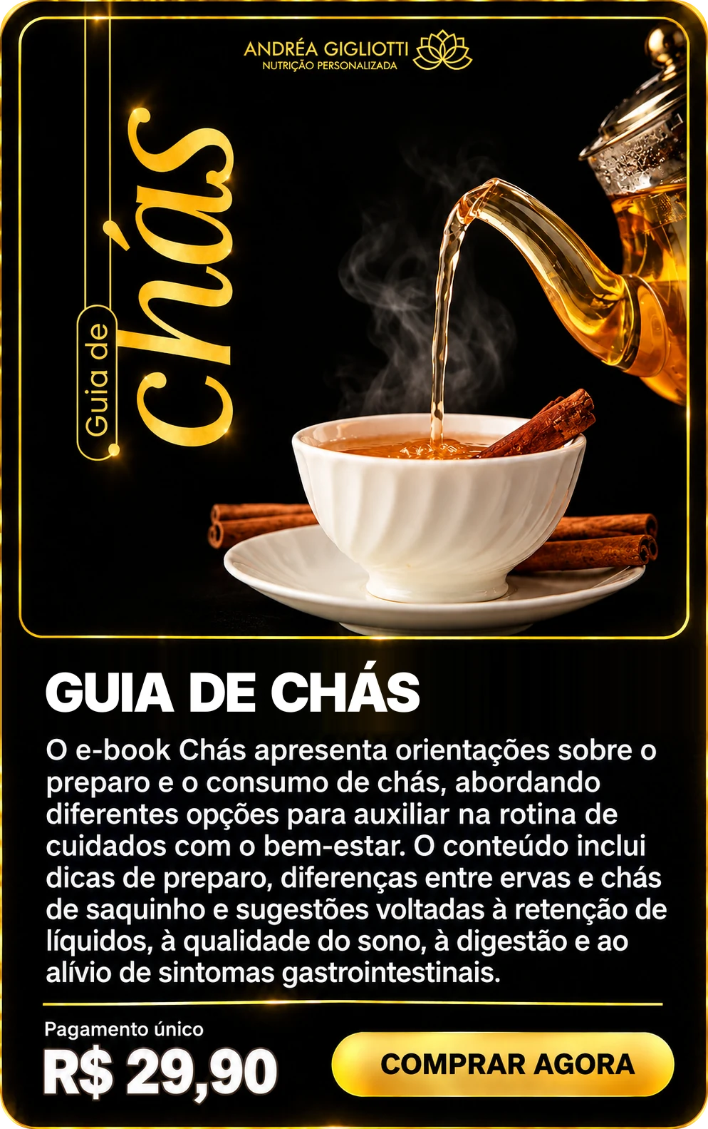 E-book Guia de Chás — Dra Andréa Gigliotti, pagamento único de R$ 29,90