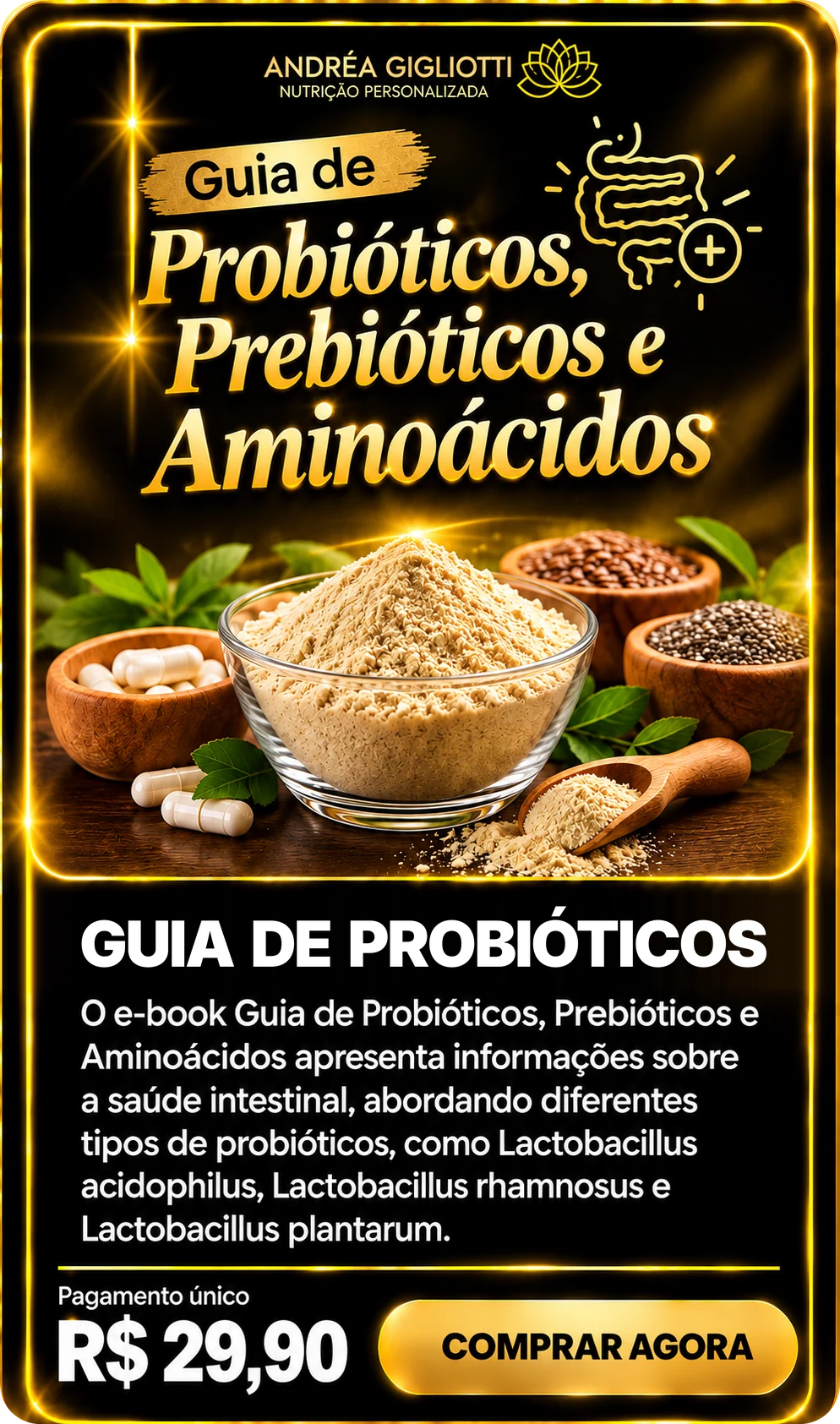 E-book Guia de Probióticos — Dra Andréa Gigliotti, pagamento único de R$ 29,90