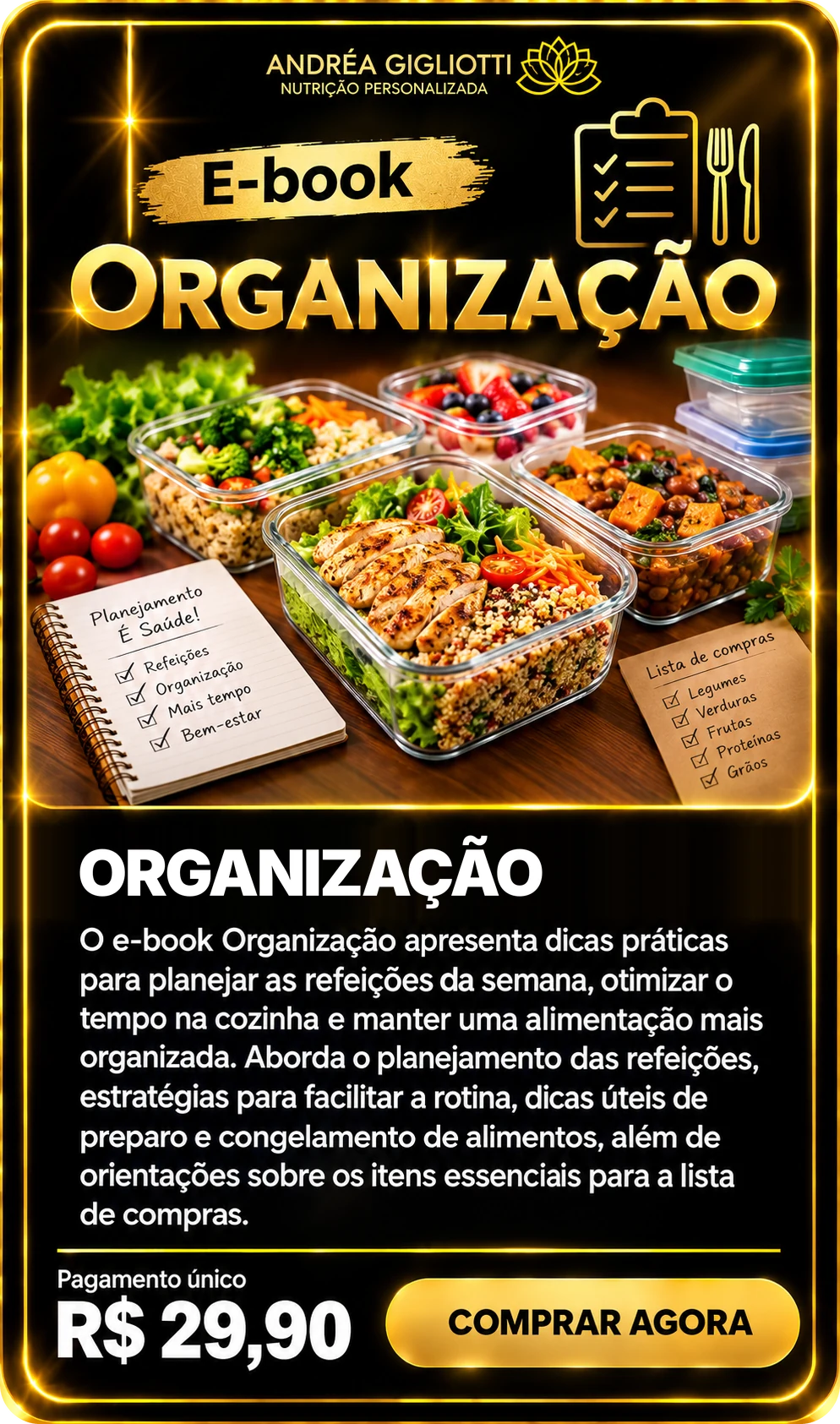 E-book Organização — Dra Andréa Gigliotti, pagamento único de R$ 29,90