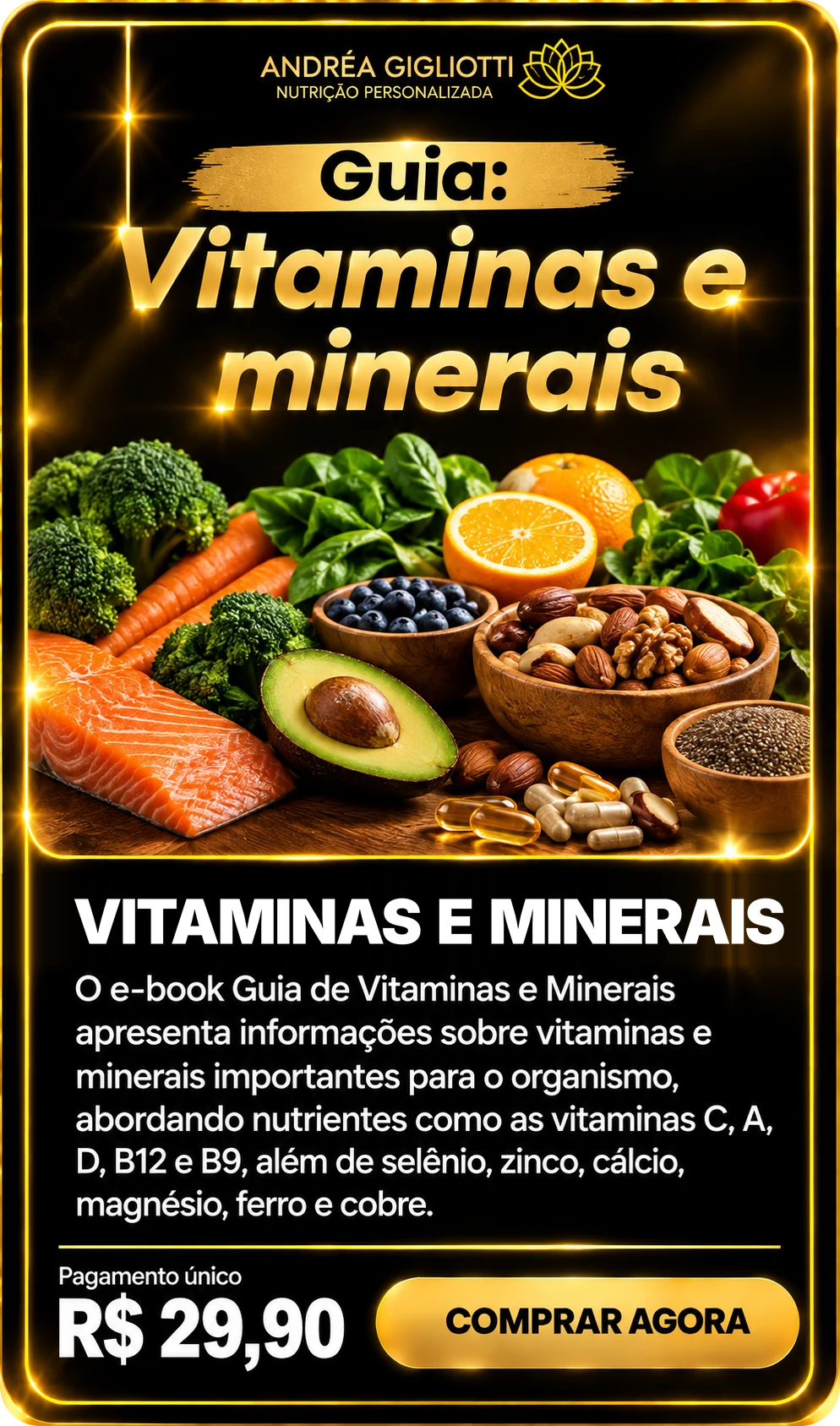 E-book Vitaminas e Minerais — Dra Andréa Gigliotti, pagamento único de R$ 29,90